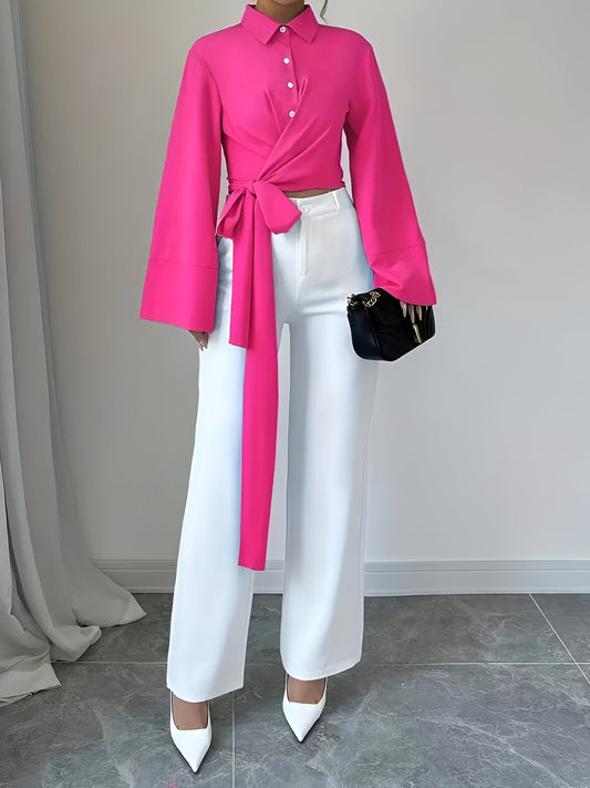 Georgie | Elegant enkelkleurig overhemd met kruisknoop en strikdetail